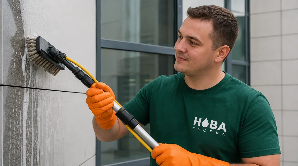 Очистка панелей вентилируемого фасада щёткой на телескопической штанге