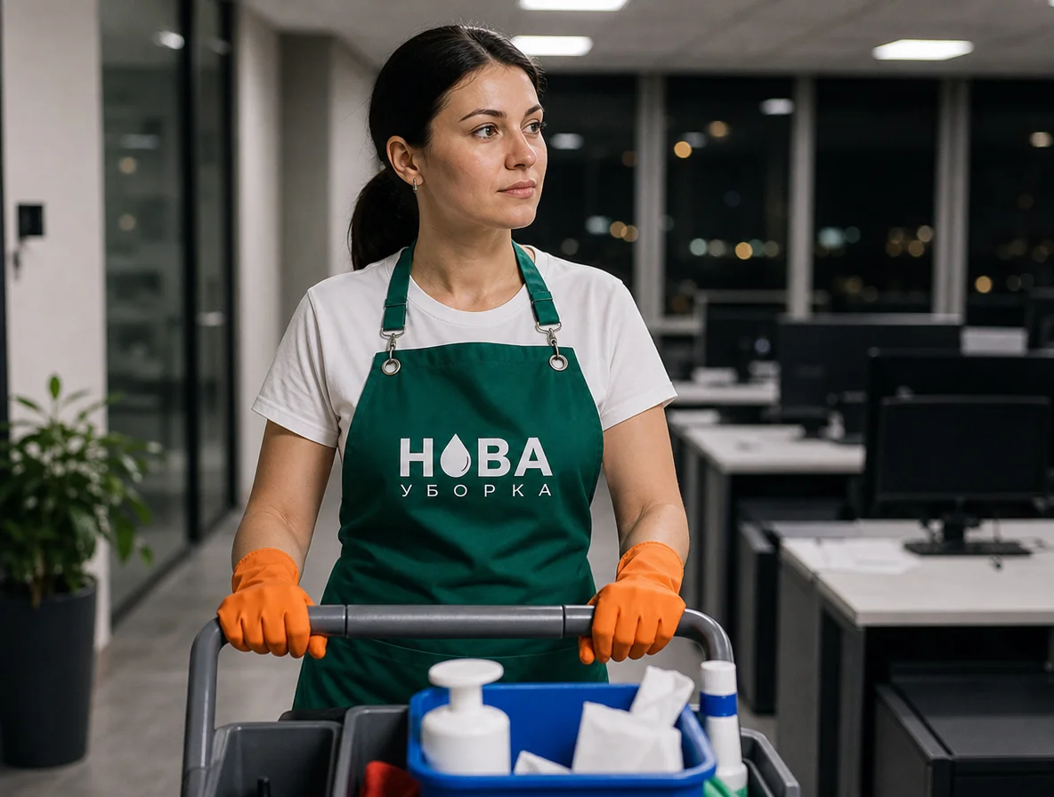 Ночная уборка офиса — клинер НОВА с тележкой после закрытия