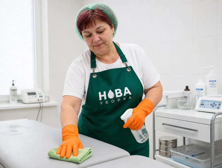 Дезинфекция процедурного кабинета клиники — обработка кушетки и столика